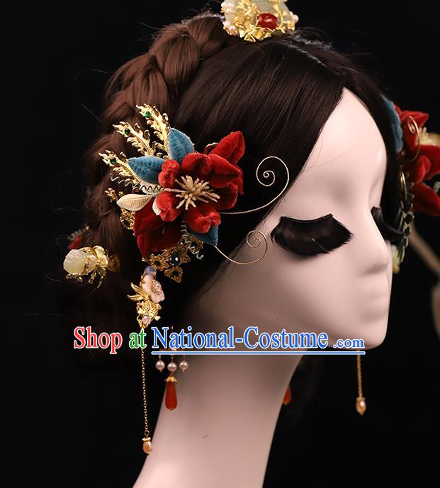 Traditional China Handmade Red Velvet Flower Hair Sticks Ancient Bride Tassel Hairpins Wedding Hair Ornament Full Set