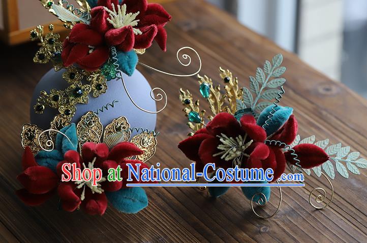 Chinese Hanfu Red Velvet Plum Hairpin Traditional Wedding Hair Accessories Ancient Bride Flowers Hair Sticks