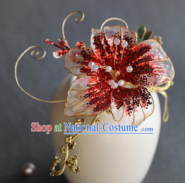 Chinese Hanfu Red Flower Hairpin Traditional Wedding Hair Accessories Ancient Bride Hair Sticks