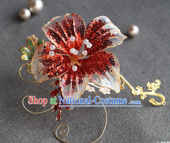 Chinese Hanfu Red Flower Hairpin Traditional Wedding Hair Accessories Ancient Bride Hair Sticks