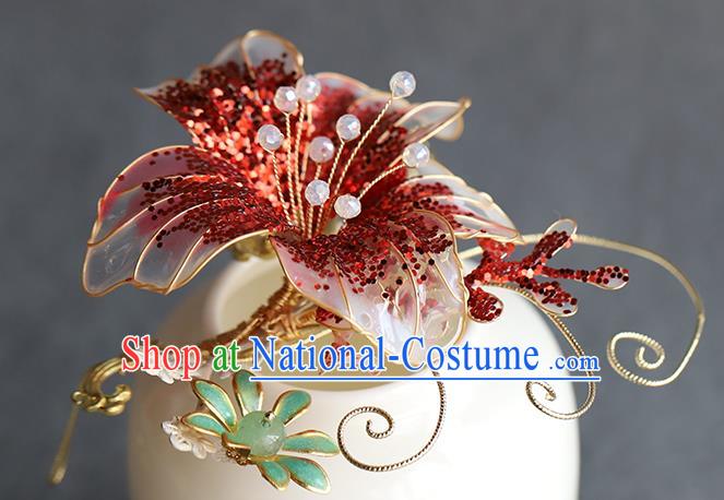 Chinese Hanfu Red Flower Hairpin Traditional Wedding Hair Accessories Ancient Bride Hair Sticks