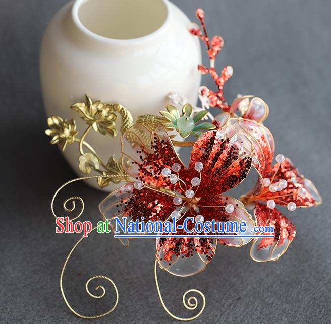 Chinese Traditional Wedding Hair Accessories Ancient Bride Hair Sticks Hanfu Red Flower Hairpin