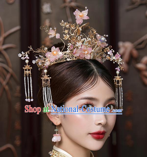 Traditional China Handmade Pink Flowers Hair Crown Ancient Bride Hairpins Phoenix Coronet Wedding Hair Ornament Full Set