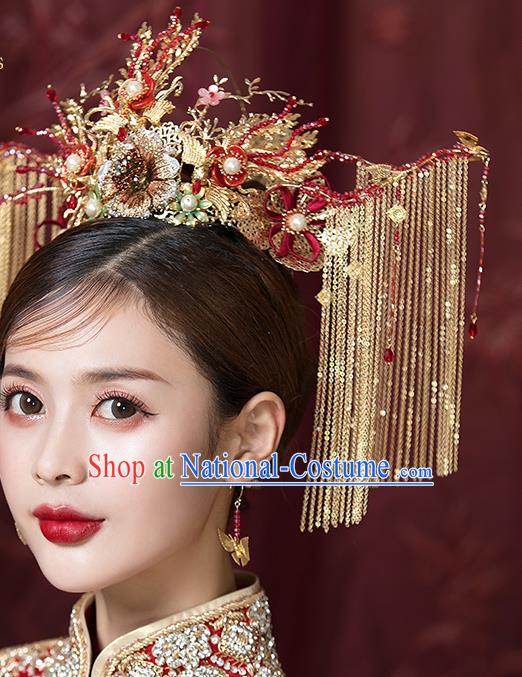 Traditional China Ancient Bride Hairpins Wedding Hair Ornament Handmade Golden Tassel Phoenix Coronet Full Set