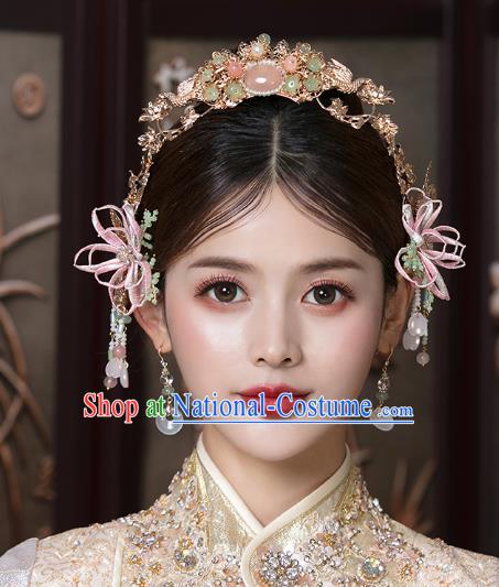 Traditional China Ancient Bride Flowers Hairpins Wedding Hair Ornament Handmade Hair Crown Full Set