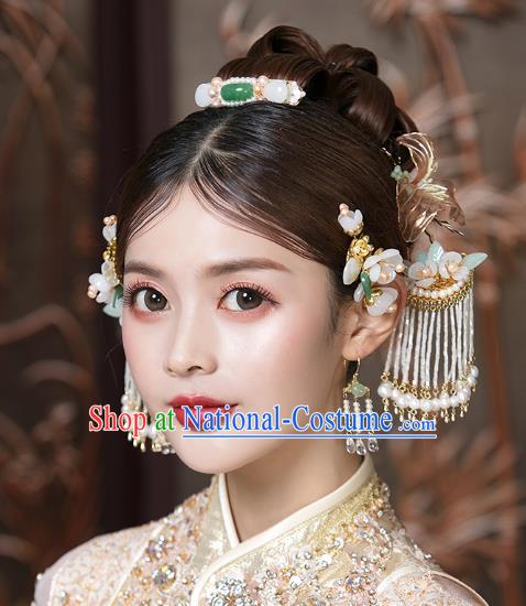 Traditional China Ancient Bride Beads Tassel Hairpins Wedding Hair Ornament Handmade Jade Hair Comb Full Set