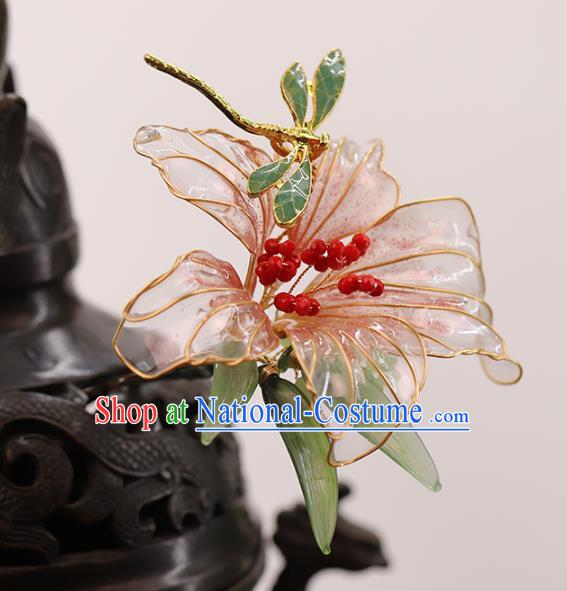 Chinese Traditional Hanfu Hairpin Wedding Hair Accessories Ancient Bride Dragonfly Pink Lily Flower Hair Stick