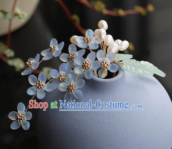 Chinese Traditional Hanfu Blue Flowers Hairpin Wedding Hair Accessories Ancient Bride Hair Stick