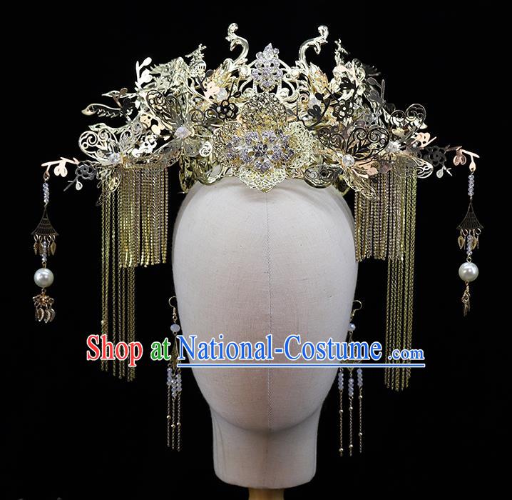 Traditional China Ancient Bride Hair Crown Hairpins Wedding Hair Ornament Handmade Golden Phoenix Coronet Full Set