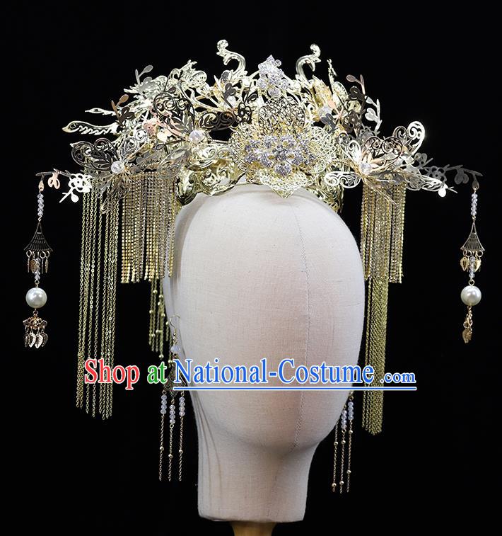 Traditional China Ancient Bride Hair Crown Hairpins Wedding Hair Ornament Handmade Golden Phoenix Coronet Full Set