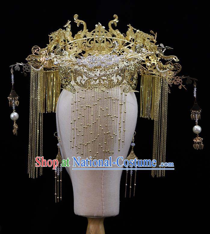 Traditional China Ancient Bride Hair Crown Hairpins Wedding Hair Ornament Handmade Golden Phoenix Coronet Full Set