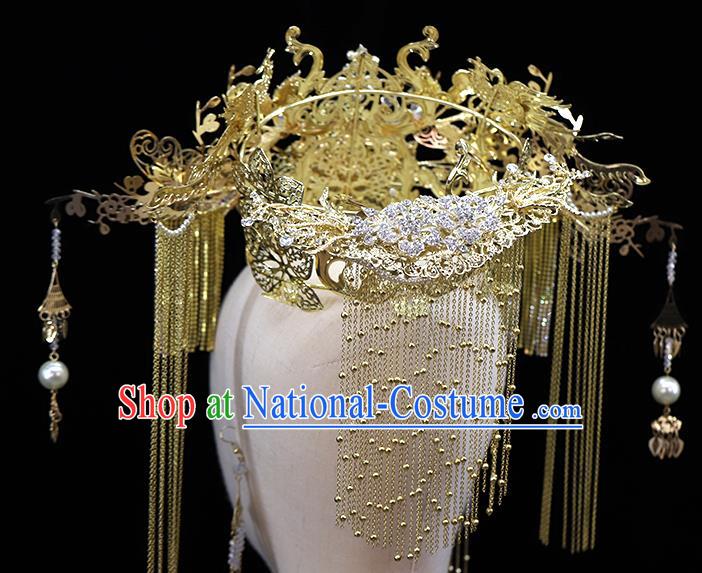 Traditional China Ancient Bride Hair Crown Hairpins Wedding Hair Ornament Handmade Golden Phoenix Coronet Full Set