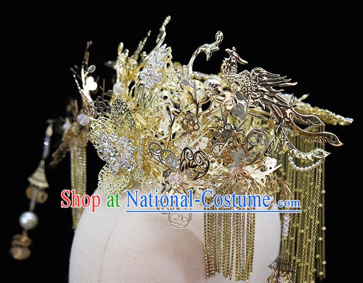 Traditional China Ancient Bride Hair Crown Hairpins Wedding Hair Ornament Handmade Golden Phoenix Coronet Full Set