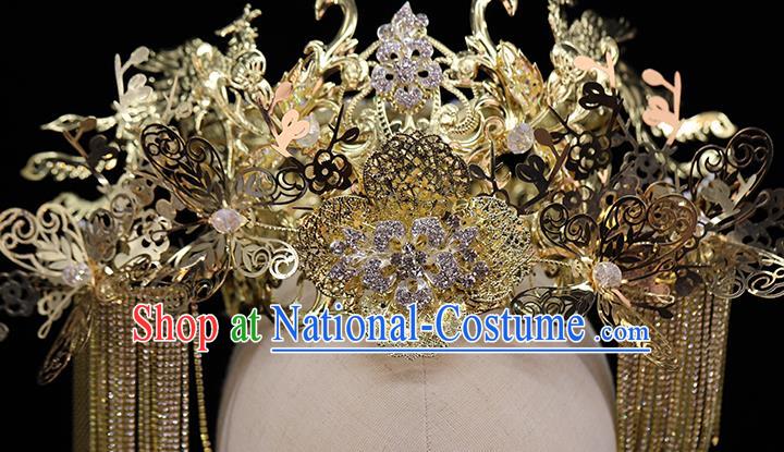 Traditional China Ancient Bride Hair Crown Hairpins Wedding Hair Ornament Handmade Golden Phoenix Coronet Full Set