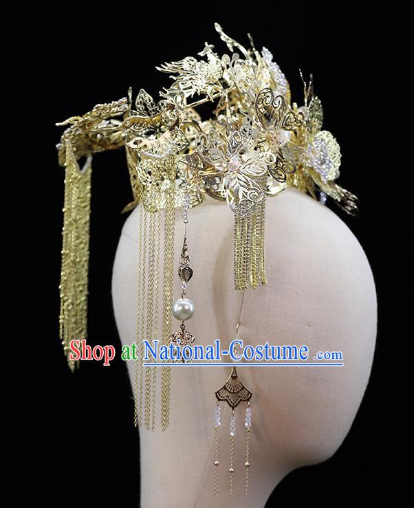 Traditional China Ancient Bride Hair Crown Hairpins Wedding Hair Ornament Handmade Golden Phoenix Coronet Full Set