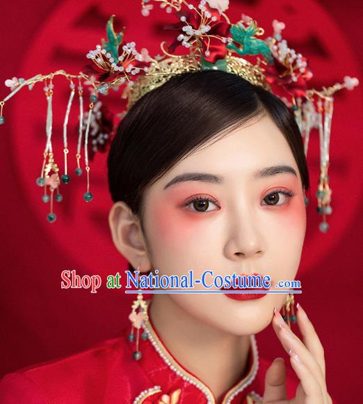 Traditional China Ancient Bride Red Flowers Hair Crown Hairpins Handmade Phoenix Coronet Wedding Hair Ornament Full Set