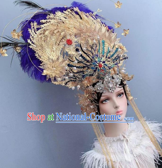 Top Grade Stage Show Blue Feather Phoenix Coronet Handmade Court Queen Deluxe Hair Crown Wedding Hair Ornament