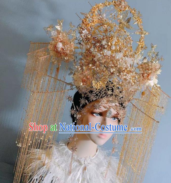 Top Grade Wedding Hair Ornament Stage Show Golden Tassel Phoenix Coronet Handmade Court Queen Deluxe Hair Crown