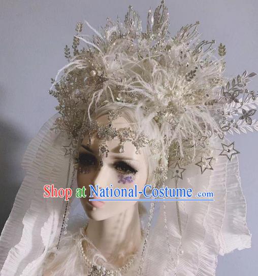 Top Grade Baroque Wedding Hair Ornament Handmade Court Queen Deluxe Hair Crown Stage Show White Feather Phoenix Coronet