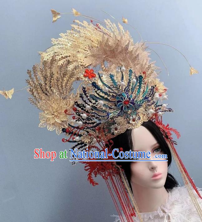 Top Grade Chinese Wedding Hair Ornament Handmade Court Queen Deluxe Hair Crown Stage Show Blueing Phoenix Coronet