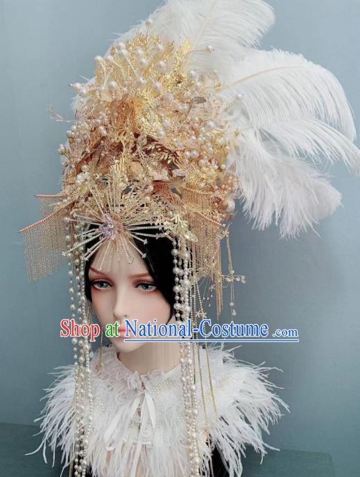 Top Grade Handmade Court Queen Deluxe White Feather Hair Crown Stage Show Golden Phoenix Coronet Wedding Hair Ornament