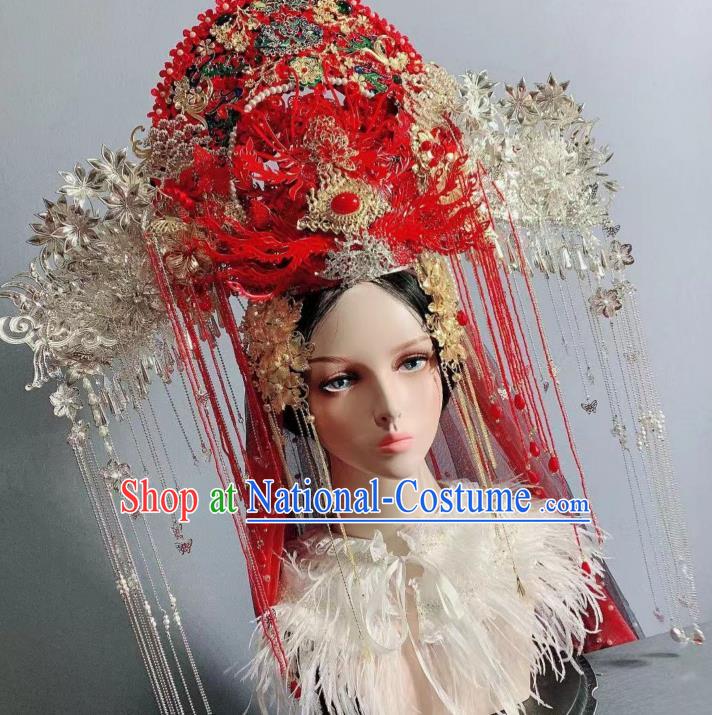 Top Grade Chinese Handmade Court Queen Deluxe Red Hair Crown Wedding Hair Ornament Stage Show Bride Phoenix Coronet