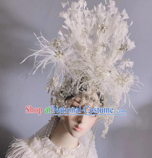 Top Grade Handmade Court Queen Deluxe Hair Accessories Baroque Wedding Bride White Feather Royal Crown Stage Show Hair Ornament