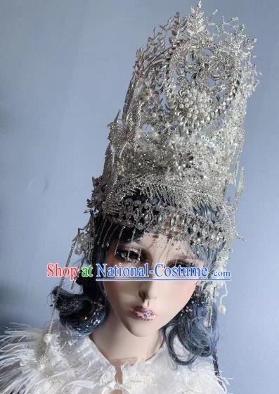 Top Court Queen Deluxe Headdress Handmade Halloween Stage Show Hair Ornament Baroque Wedding Bride Argent Royal Crown