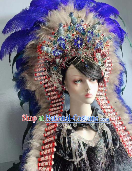 Top Court Handmade Indian Chief Royalblue Feather Hat Halloween Stage Show Hair Ornament Baroque Deluxe Headdress