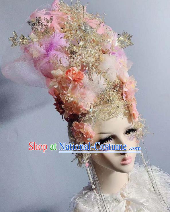 Top Court Handmade Pink Feather Flowers Royal Crown Baroque Bride Deluxe Headdress Halloween Stage Show Hair Ornament