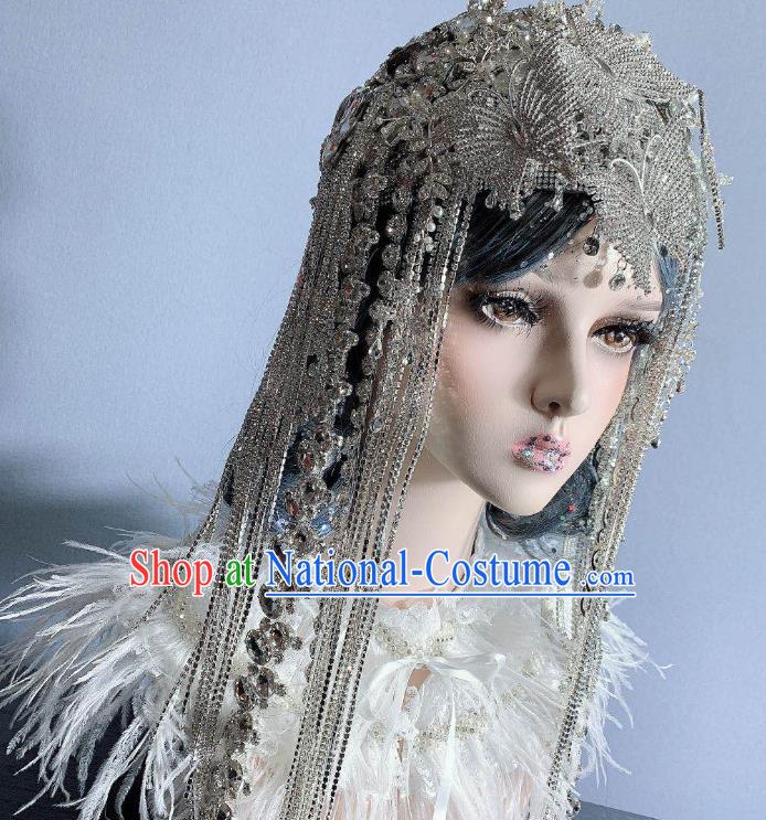 Top Court Handmade Crystal Tassel Royal Crown Stage Show Hair Ornament Baroque Bride Deluxe Headdress