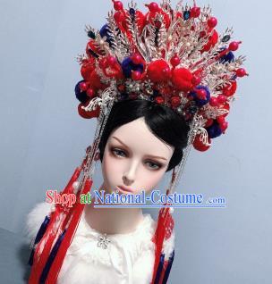 Handmade Chinese Traditional Wedding Hair Accessories Ancient Empress Headwear Hair Crown Red Tassel Phoenix Coronet