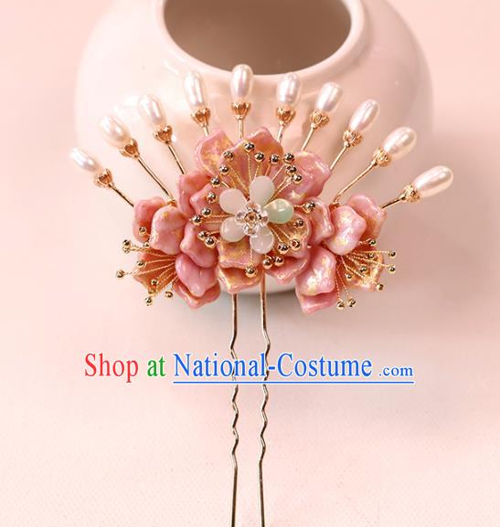 Chinese Traditional Hanfu Pink Flower Hairpin Wedding Hair Accessories Ancient Bride Pearls Hair Stick