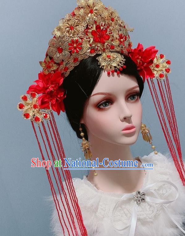 Handmade Chinese Qing Dynasty Wedding Red Hair Crown Traditional Hair Accessories Ancient Empress Headwear