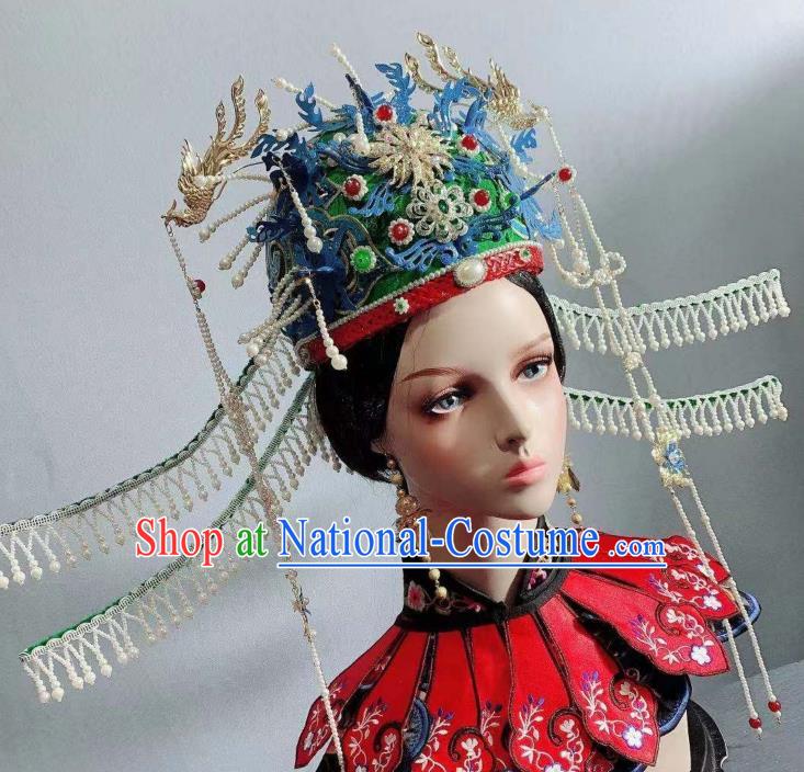 China Ancient Ming Dynasty Empress Green Phoenix Coronet Tassel Hairpins Traditional Drama Hair Accessories Full Set