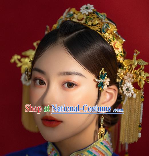 Traditional China Ancient Bride Golden Hair Crown Hairpins Handmade Phoenix Coronet Wedding Hair Ornament Full Set