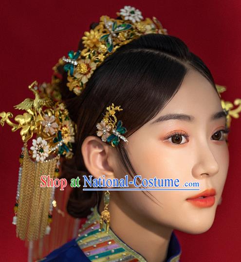 Traditional China Ancient Bride Golden Hair Crown Hairpins Handmade Phoenix Coronet Wedding Hair Ornament Full Set