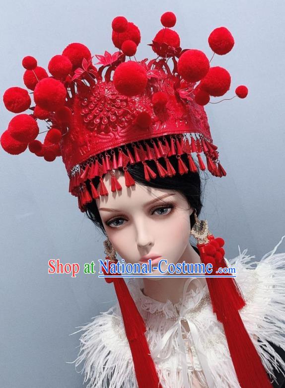 Handmade Chinese Bride Tassel Phoenix Coronet Traditional Wedding Hair Accessories Ethnic Red Hat