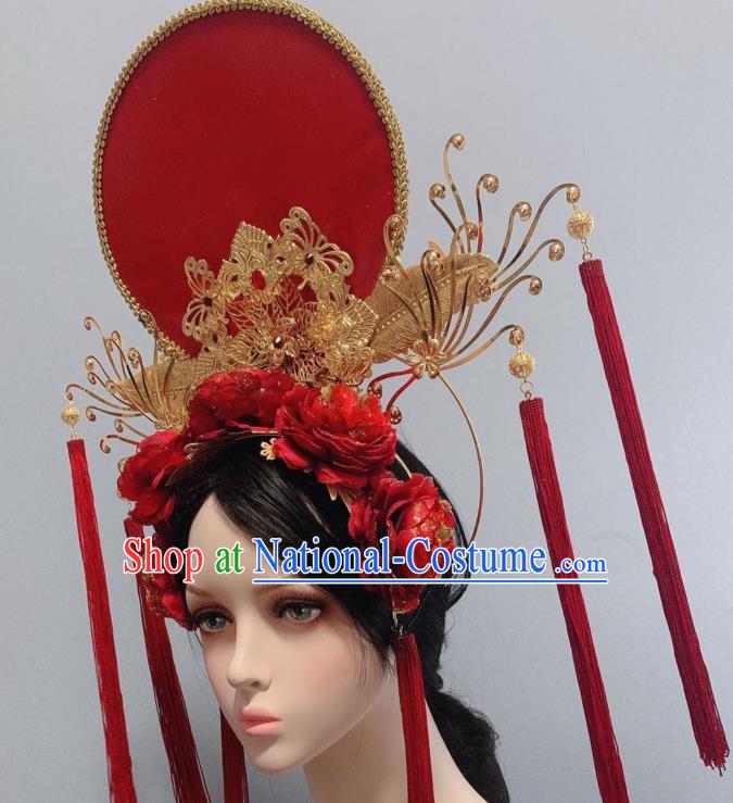 Handmade Chinese Bride Red Moon Phoenix Coronet Traditional Wedding Hair Accessories Red Rose Tassel Hair Crown