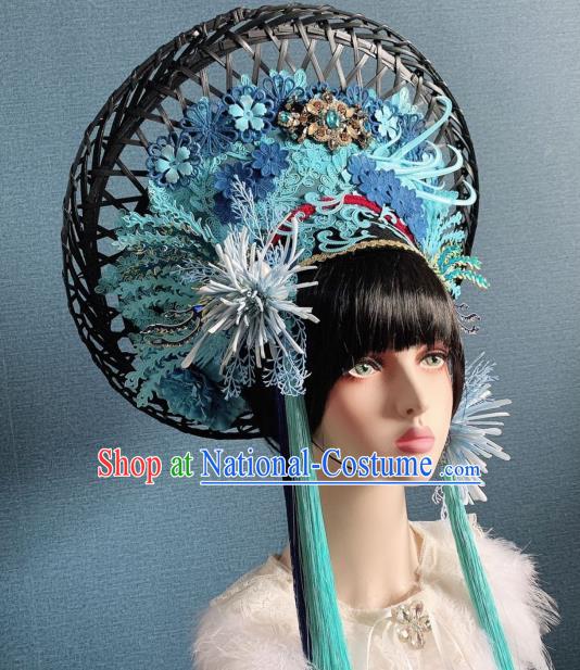 Handmade Chinese Stage Performance Hat Bride Blue Flowers Phoenix Coronet Traditional Wedding Hair Accessories