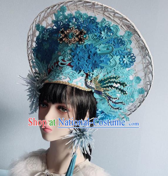 Handmade Chinese Traditional Wedding Hair Accessories Stage Performance Hat Bride Blue Flowers Phoenix Coronet