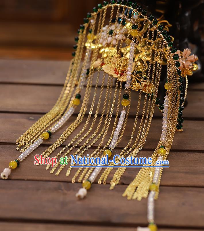 Chinese Traditional Hanfu Beads Tassel Hair Comb Wedding Hair Accessories Ancient Bride Golden Hairpin