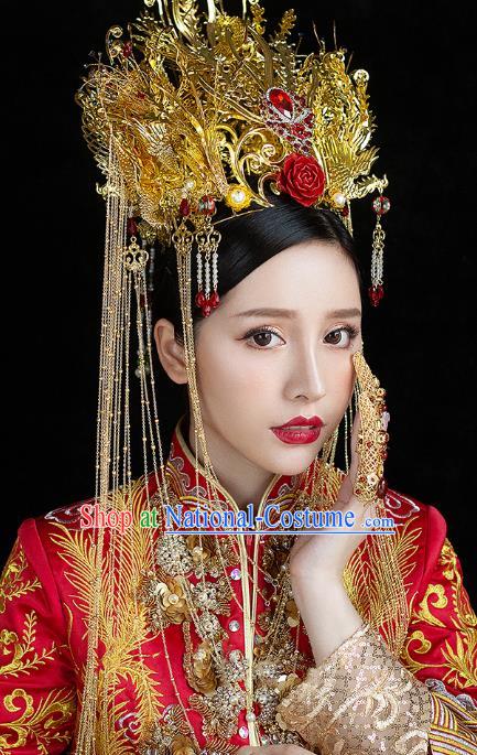 Traditional China Handmade Luxury Phoenix Coronet Ancient Bride Golden Hair Crown Hairpins Wedding Hair Ornament Full Set