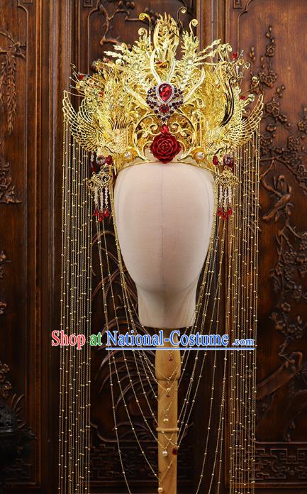 Traditional China Handmade Luxury Phoenix Coronet Ancient Bride Golden Hair Crown Hairpins Wedding Hair Ornament Full Set