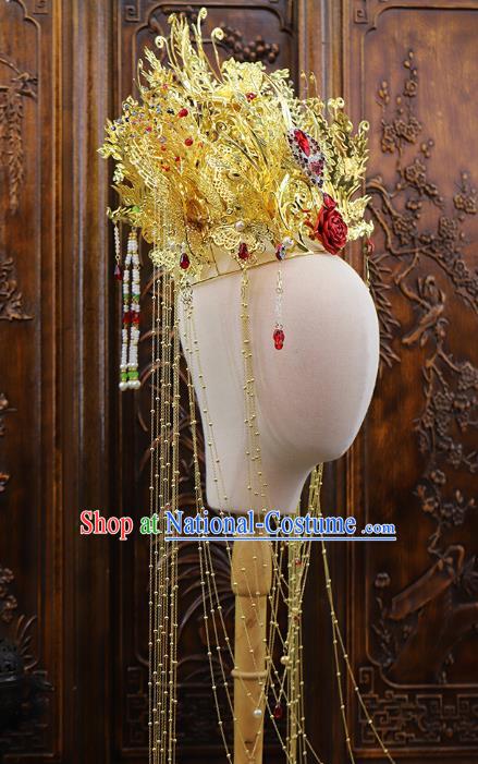 Traditional China Handmade Luxury Phoenix Coronet Ancient Bride Golden Hair Crown Hairpins Wedding Hair Ornament Full Set