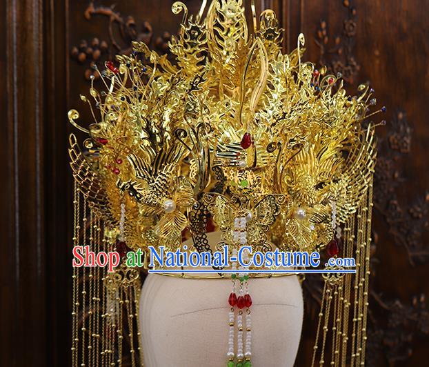 Traditional China Handmade Luxury Phoenix Coronet Ancient Bride Golden Hair Crown Hairpins Wedding Hair Ornament Full Set