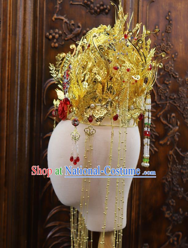 Traditional China Handmade Luxury Phoenix Coronet Ancient Bride Golden Hair Crown Hairpins Wedding Hair Ornament Full Set