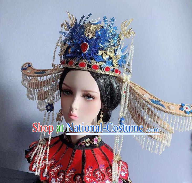 China Song Dynasty Empress Blue Phoenix Coronet Traditional Drama Ancient Court Queen Hair Accessories Full Set