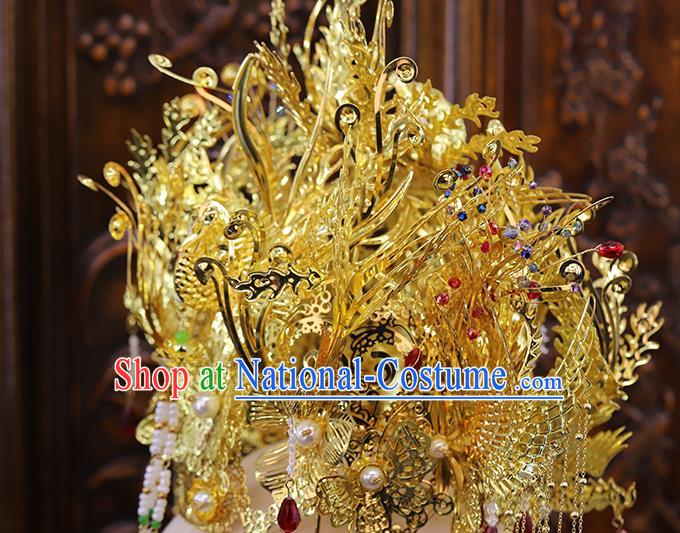 Traditional China Handmade Luxury Phoenix Coronet Ancient Bride Golden Hair Crown Hairpins Wedding Hair Ornament Full Set