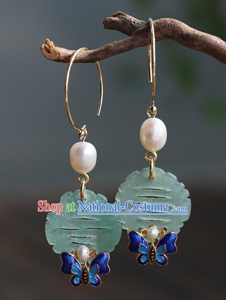 Handmade Chinese Ancient Bride Jade Earrings Jewelry Traditional Wedding Blueing Butterfly Ear Accessories